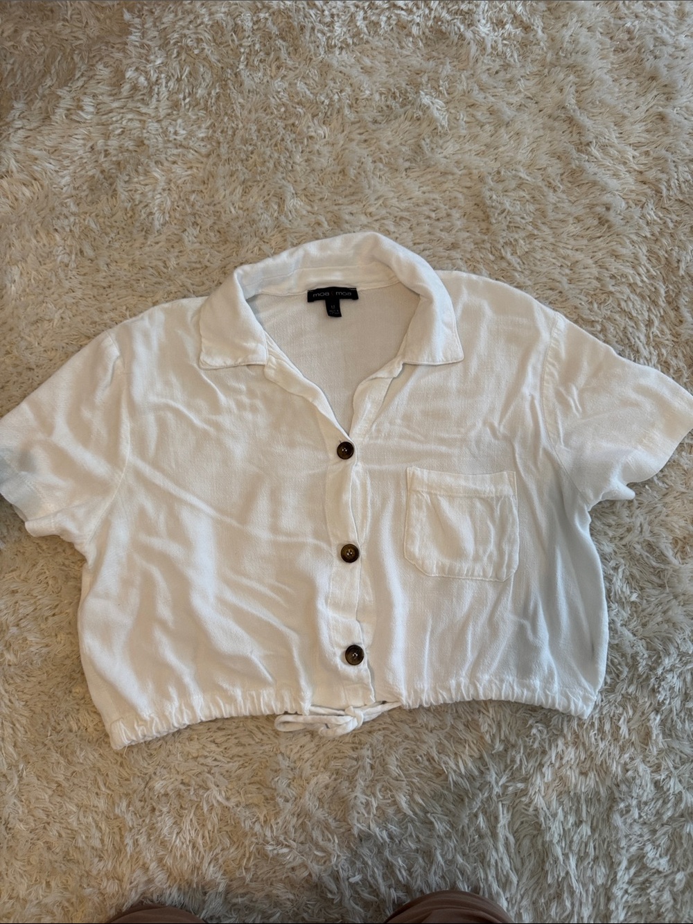 Moa Moa White Cropped Button-Front Rayon Pocket Shirt with Brown Buttons